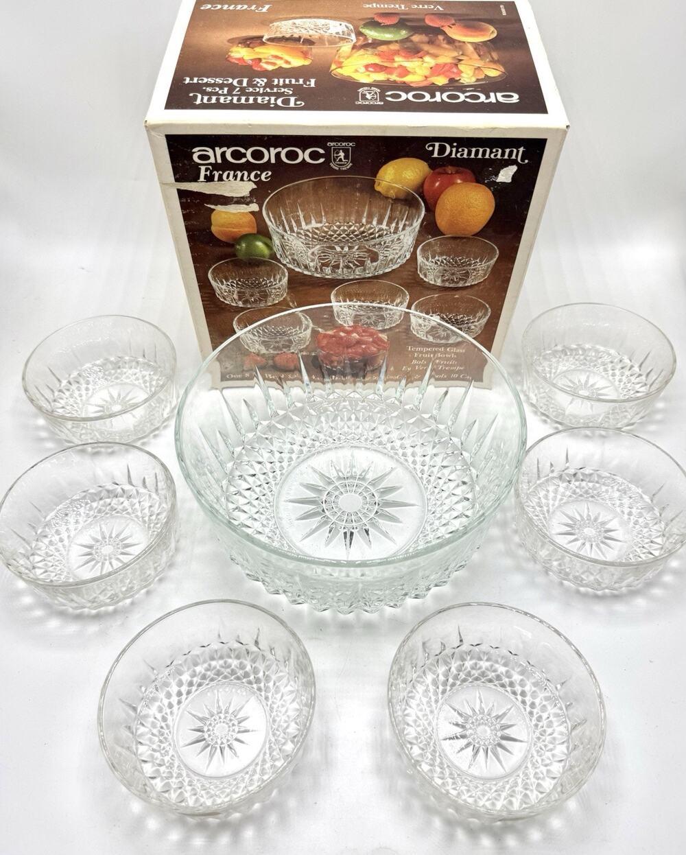 Vintage Arcoroc France Diamant 7 Piece Tempered Glass Salad Bowl Set France